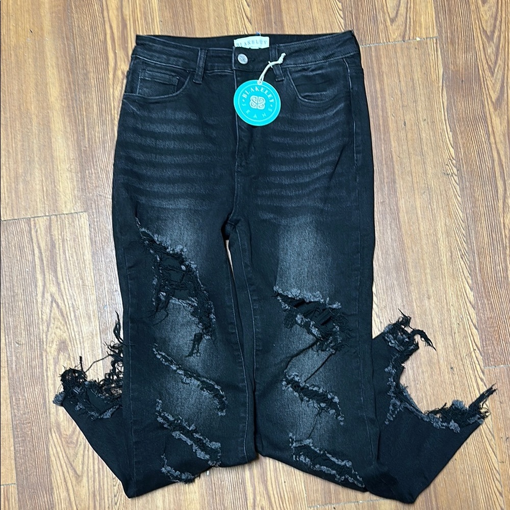 Blakely Black Flare Wide Leg Jeans with Distressed Details